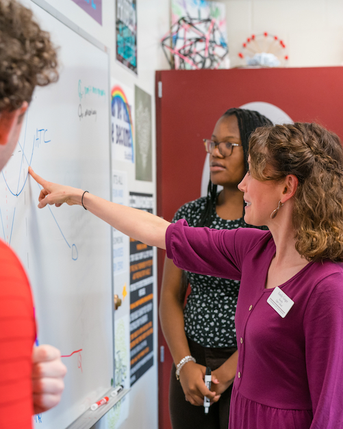 Upper school student showing a presentation in front of the class